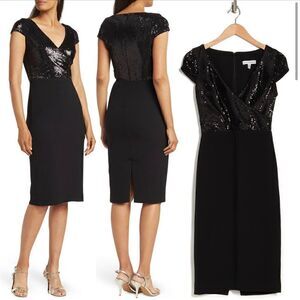 Dress the Population Sequin Surplice Cap Sleeve Sheath Dress - Black